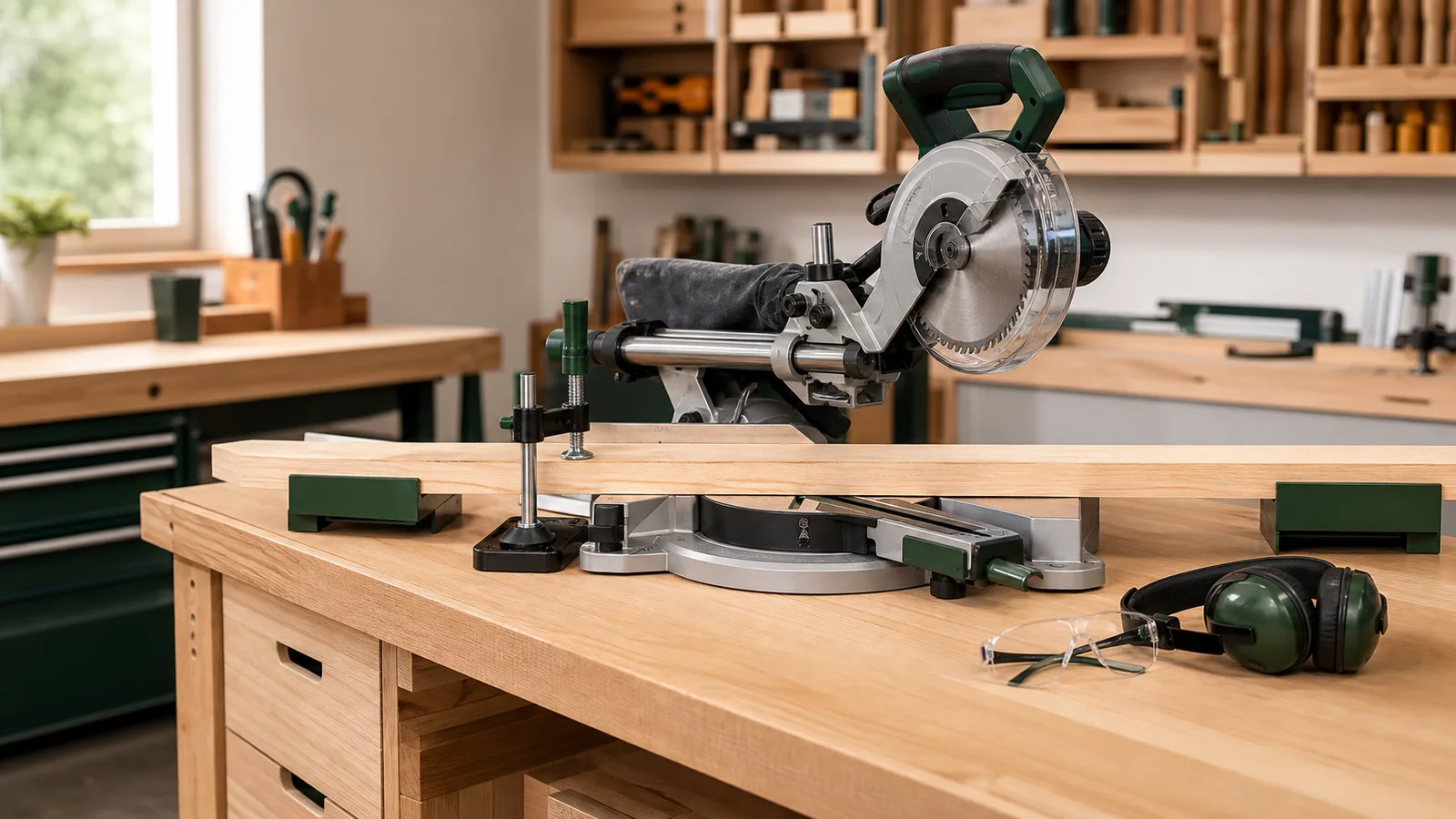 Safely prepared miter saw station with supported and clamped stock