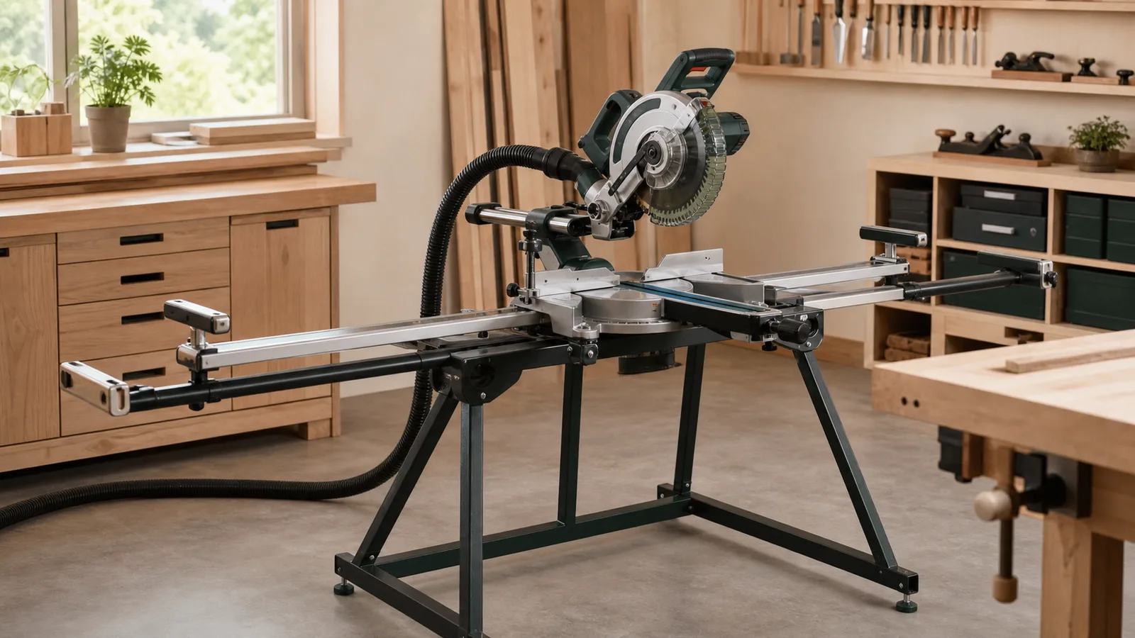Complete miter saw workstation with level supports and dust hose