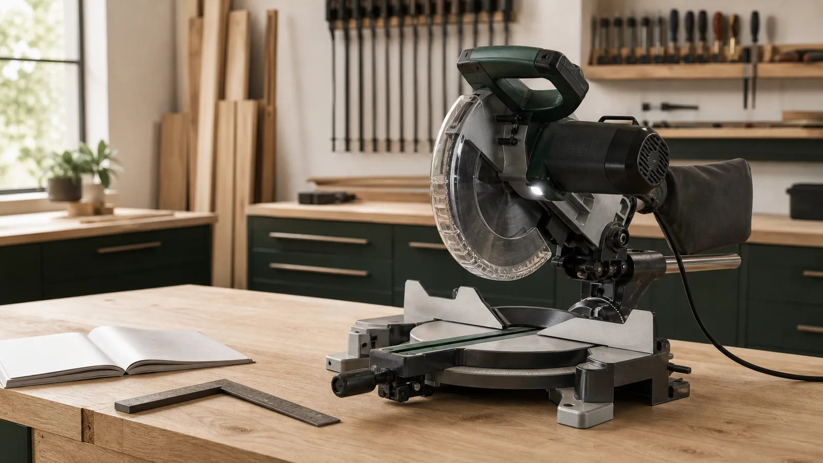 Unplugged miter saw beside a manual and square for visual diagnosis